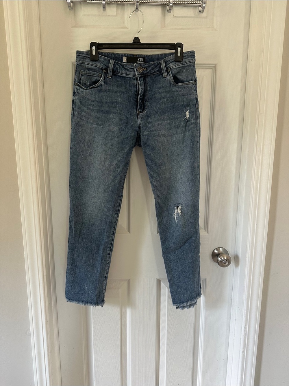 Kut from the Kloth Medium Blue Straight Leg Jeans with Distressed Details